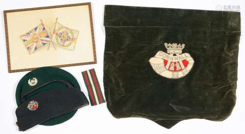 MILITARIA. SIDE CAP OF DUKE OF CORNWALL'S LIGHT INFANTRY, A BERET AND TWO OTHER ITEMS (4) Mostly