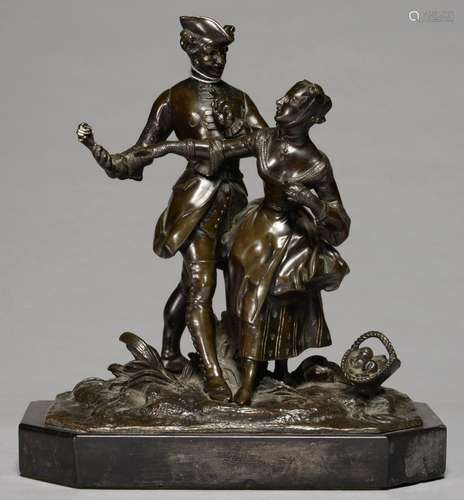 A FRENCH FIN DE SIECLE BRONZED SPELTER GROUP OF A GIRL AND GALLANT, C1900, ON BELGE NOIR BASE,