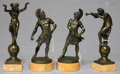 TWO PAIRS OF MINIATURE BRONZED SPELTER STATUETTES, C1900, ON ROUND OR SQUARED VIENNA MARBLE BASE, 18