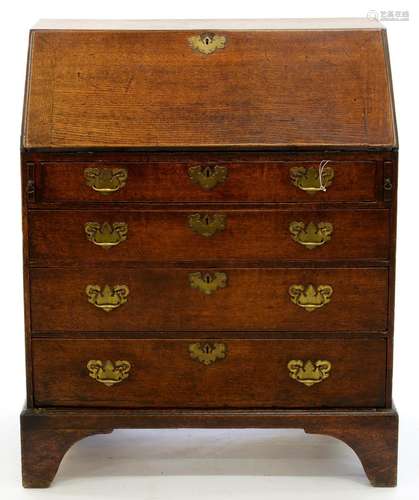 A GEORGE III OAK BUREAU ON BRACKET FEET, 104CM H; 86 X 46CM Side panel split, top surface marked,