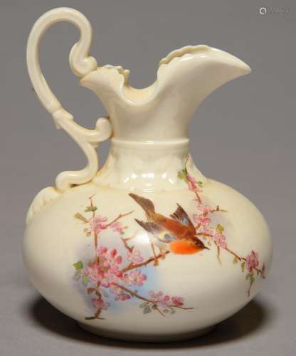 A LOCKE & CO WORCESTER EWER, 1902-14, PRINTED AND PAINTED WITH A ROBIN ON BLOSSOM, ON GLAZED