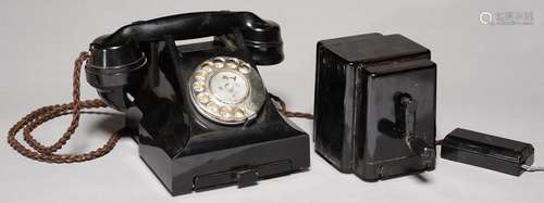 A BRITISH BLACK BAKELITE TABLE TELEPHONE, MODEL 164, 1956 AND SEPARATE MAGNETO AND CONNECTION BOX (