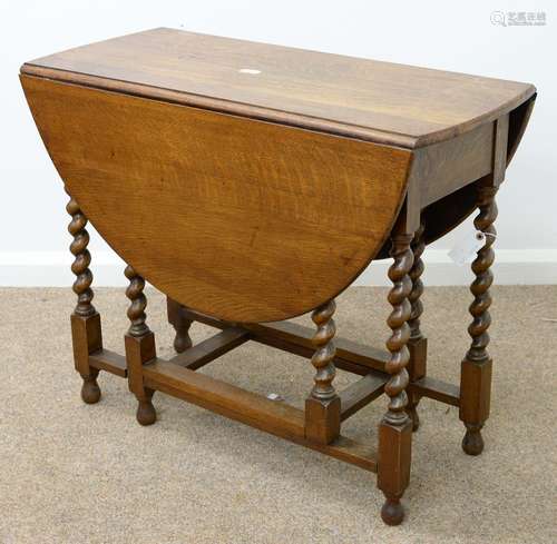 AN OAK GATELEG TABLE, EARLY 210TH C, ON SPIRAL LEGS UNITED BY STRETCHERS, 73CM H; 90 X 117CM Top