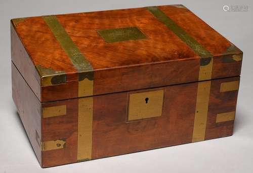 A VICTORIAN BRASS BOUND WALNUT WRITING BOX, C1870 WITH FITTED INTERIOR, 35CM L Flap under the