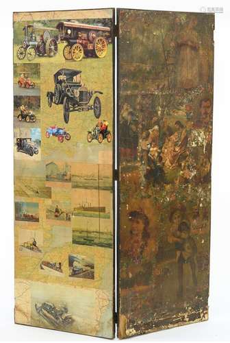 A VICTORIAN BI-FOLD SCRAPWORK SCREEN, ONE SIDE OF ONE PANEL RE-DECORATED LATER, 168CM H; 124CM W AND