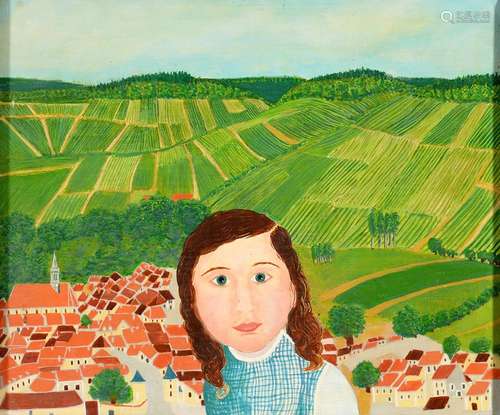 FOLLOWER OF JAMES LLOYD, GIRL AND GREEN FIELDS, OIL ON CANVAS LAID ON BOARD, 37 X 45CM Good