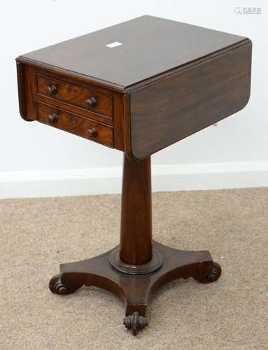 A VICTORIAN MAHOGANY DROP LEAF WORK TABLE, C1850, FITTED WITH DRAWERS AND OPPOSING BLIND DRAWERS,