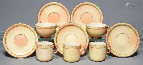 ONE, A PAIR AND SET OF THREE LOCKE & CO WORCESTER CUPS AND SAUCERS, C1902-14, SAUCERS 12-12.5CM