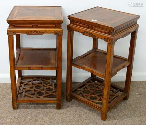 A PAIR OF CHINESE SQUARE STAINED WOOD STANDS, MID 20TH C, WITH SLIGHTLY INSET PANELLED UNDERTIER