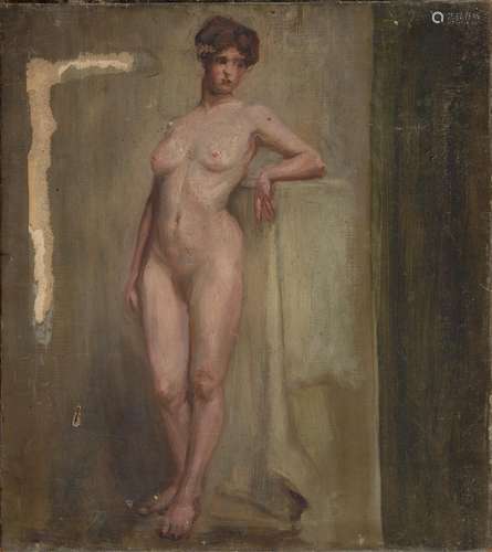 ELLA COATES (1884-1937) - STANDING FEMALE NUDE, OIL ON CANVAS, 51 X 45CM, UNFRAMED Much dirt,