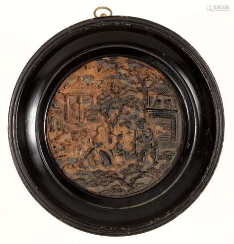 A CHINESE CARVED TORTOISESHELL BOX LID, CANTON, MID 19TH C, TYPICALLY WORKED WITH NUMEROUS