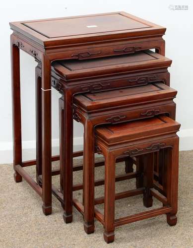 A CHINESE STAINED WOOD NEST OF TABLES, 20TH C, 66CM H; 35 X 50CM (4) top of largest table somewhat