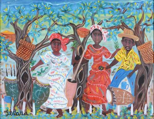 GERARD FORTUNE - THREE FIGURES, HAITI, SIGNED, ACRYLIC ON CANVAS, 52 X 68CM Good condition