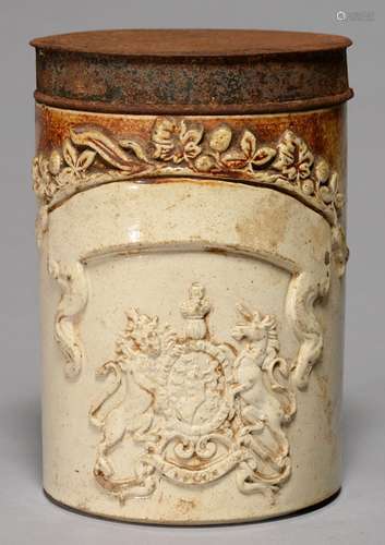 AN ENGLISH CYLINDRICAL SALTGLAZED BROWN STONEWARE TOBACCONIST'S SNUFF JAR, C1840, SPRIGGED WITH