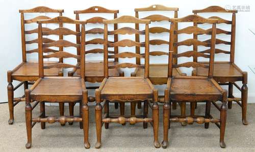 SEVEN VICTORIAN ASH LADDER BACK CHAIRS, NORTH WEST ENGLAND, MID 19TH C, WITH VASE TURNED STRETCHERS,