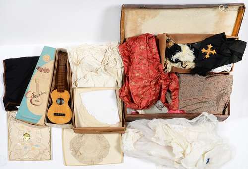 MISCELLANEOUS 19TH AND EARLY 20TH C COSTUME, TO INCLUDE CLERGYMAN'S STOLE, LEATHER SUITCASE, GENERAL