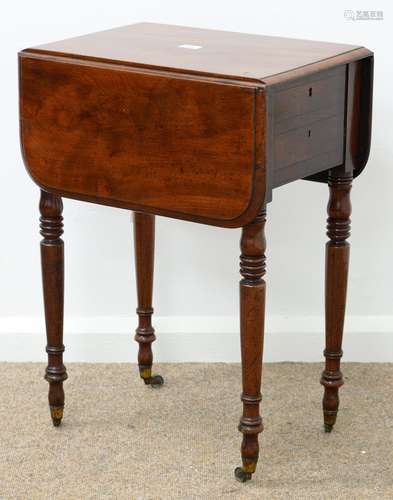 AN EARLY VICTORIAN MAHOGANY AND EBONY LINE INLAID DROP LEAF WORK TABLE, C1870, FITTED WITH