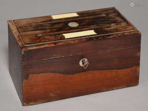 A VICTORIAN ROSEWOOD STATIONERY BOX, MID 19TH C, THE LID WITH TWO LETTER SLOTS, 22.5CM L Slightly