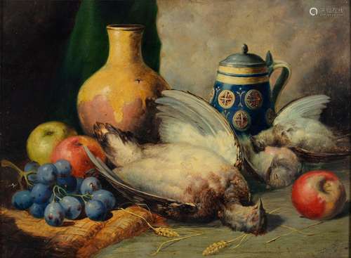 ENGLISH SCHOOL, MID 19TH C - STILL LIFE WITH PARTRIDGE APPLES AND GRAPES, OIL ON ARTIST?S BOARD,