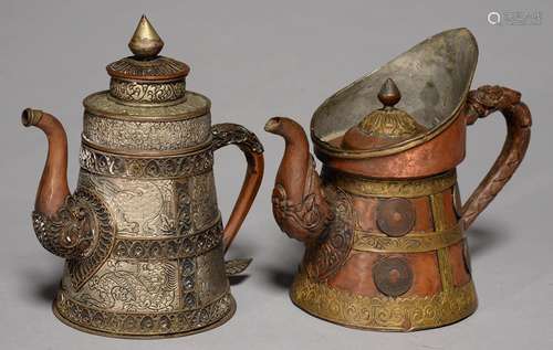 A TIBETAN COPPER AND BRASS TEAPOT AND COVER AND ANOTHER OF TINNED, FILIGREE DECORATED FORM, EARLY