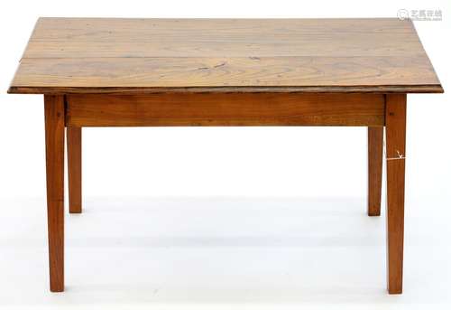 A CHERRY WOOD OCCASIONAL TABLE WITH BOARDED ELM TOP, 48CM H; 91 X 51CM Wooden top slightly warped,