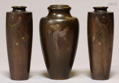 ONE AND A SIMILAR PAIR OF JAPANESE BRONZE VASES, KYOTO, MEIJI PERIOD, INLAID AND ENGRAVED WITH