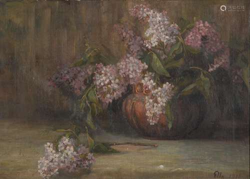 ELLA COATES (1884-1937) - STILL LIFE WITH LILAC, SIGNED (ELLA) AND DATED 1906, OIL ON BOARD, 35.5