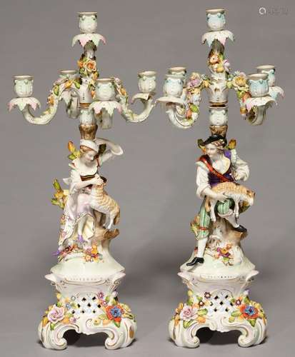 A PAIR OF GERMAN FLORAL ENCRUSTED FIGURAL CANDELABRA, PORZELLANFABRIK SANDIZELL HOFFNER & CO, POST