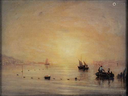 FOLLOWER OF JOSEPH MALLORD WILLIAM TURNER - SUNRISE OVER AN ESTUARY WITH FISHING BOATS, OIL ON