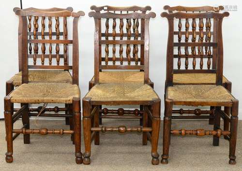 SIX VICTORIAN FRUITWOOD AND ASH SPINDLE BACK RUSH SEATED CHAIRS, NORTH WEST ENGLAND, MID 19TH C,