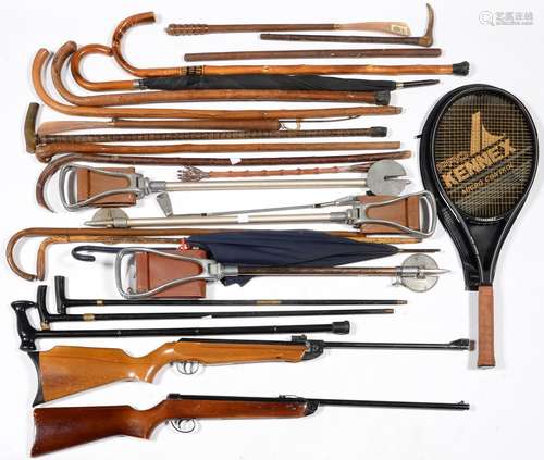 A QUANTITY OF WALKING STICKS, SHOOTING STICKS AND OTHERS, TWO WEBLEY AND SCOTT AND BSA METEOR AIR