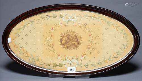 AN EDWARDIAN GLAZED MAHOGANY TEA TRAY, C1910, CONTAINING A CONTEMPOARY NEO CLASSICAL STYLE