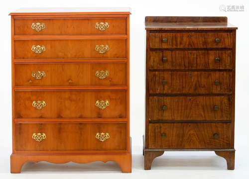 A STAINED HARDWOOD CHEST OF DRAWERS, C1930, 103CM H; 61 X 44CM AND A YEW WOOD CHEST OF DRAWERS ON