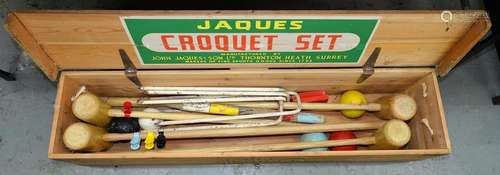 A JOHN JACQUES AND SON LIMITED CROQUET SET, COMPRISING FOUR MALLETS, SIX WHITE PAINTED IRONS, HOOPS,