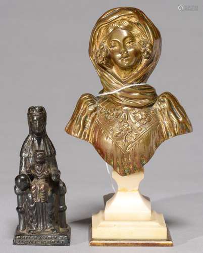 A FRENCH MINIATURE GILT BRONZE BUST OF AN ELEGANT YOUNG WOMAN, CAST FROM A MODEL BY EUGENE