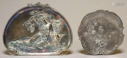 A W.M.F. JUGENDSTIL SILVER PLATED DISH, C1905-10, CAST WITH A RECLINING BACCHANTE, 28CM L, MAKER'S