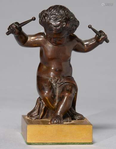 A FRENCH MINIATURE BRONZE STATUETTE OF A MUSICIAN, LATE 19TH C, IN THE FORM OF A SEMI-NAKED CHILD