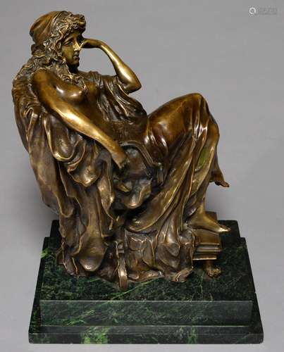 A BRONZE SCULPTURE OF A SEMI NAKED WOMAN, LATE 20TH C, INDISTINCTLY SIGNED IN THE MAQUETTE, ON