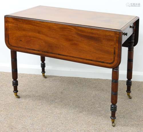 A VICTORIAN MAHOGANY PEMBROKE TABLE, C1850, CROSSBANDED IN ROSEWOOD, ON RING TURNED LEGS WITH