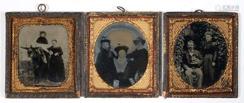 THREE VICTORIAN WET COLLODION POSITIVE (AMBROTYPE) PHOTOGRAPHS OF A COUPLE AND GROUPS, EACH WITH