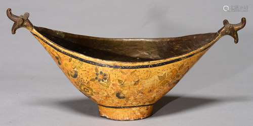 A QAJAR BRASS AND LACQUER BEGGAR'S BOWL, KASHKUL, 21.5CM OVER HANDLES Lacquer ripped and worn with