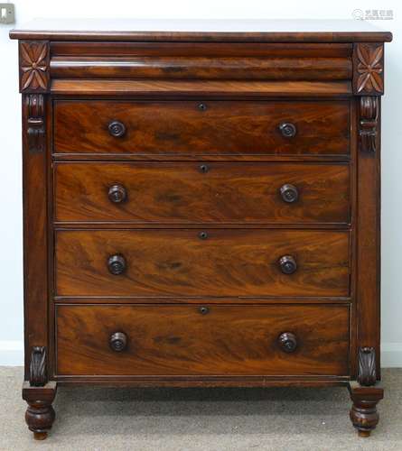 A VICTORIAN MAHOGANY CHEST OF DRAWERS, C1870 WITH MOULDED FRIEZE DRAWER BETWEEN CARVED FLOWERHEADS