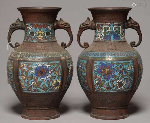 A PAIR OF CHINESE CHAMPLEVE ENAMELLED BRONZE VASES, LATE 19TH/EARLY 20TH C, 30CM H Dirty and casting