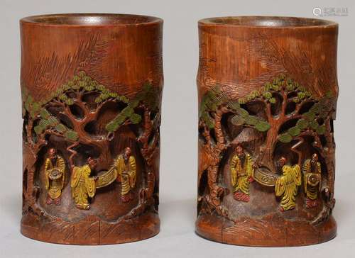 TWO CHINESE BAMBOO BRUSH POTS, LATE 19TH / 20TH C, SIMILARLY CARVED WITH THREE IMMORTALS BENEATH A