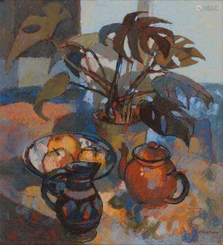 MOIRA GAY HUNTLY RI, PS (1932 - ) - STILL LIFE WITH SWISS CHEESE PLANT II, SIGNED, SIGNED AGAIN