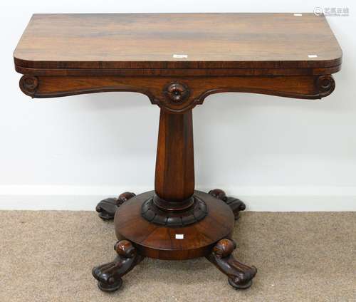 AN EARLY VICTORIAN ROSEWOOD TEA TABLE, C1840, ON TAPERED OCTAGONAL PILLAR, LOTUS CALYX AND ROUND