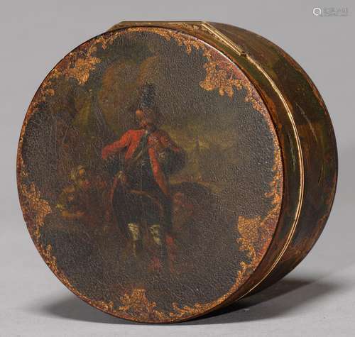 A CONTINENTAL LACQUER SNUFF BOX, PROBABLY GERMAN, C1780, THE LID PAINTED WITH A GRENADIER, THE SIDES