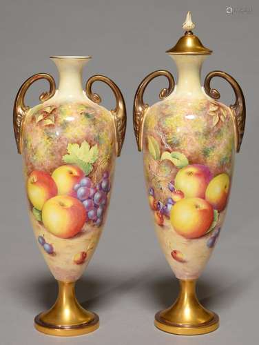 A PAIR OF ROYAL WORCESTER VASES AND COVER, POST-1963, PAINTED BY FREEMAN, BOTH SIGNED, WITH FRUIT