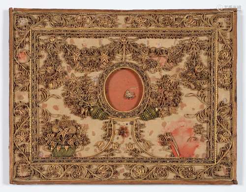 A QUILLED AND GILT PAPER, METAL THREAD AND 'PEARL' SILK BACKED MINIATURE FRAME, 19TH C, THE CENTRAL