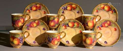 A SET OF SIX ROYAL WORCESTER COFFEE CUPS AND SAUCERS, POST-1963, PAINTED BY FREEMAN, ALL SIGNED,